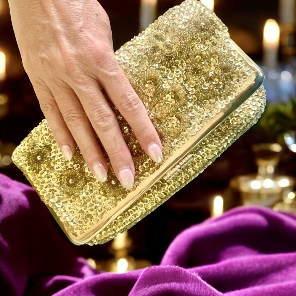 Vintage Gold Satin Sequin & Beaded Folded Clutch Bag - Picture 1 of 15